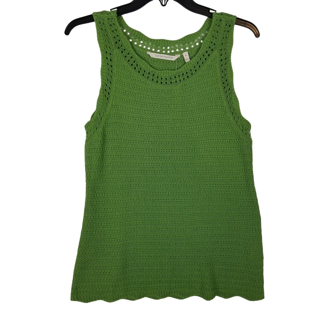 Soft Surroundings Green Knit Tank Top‎ Viscose Pointelle Scallop Hem Women M